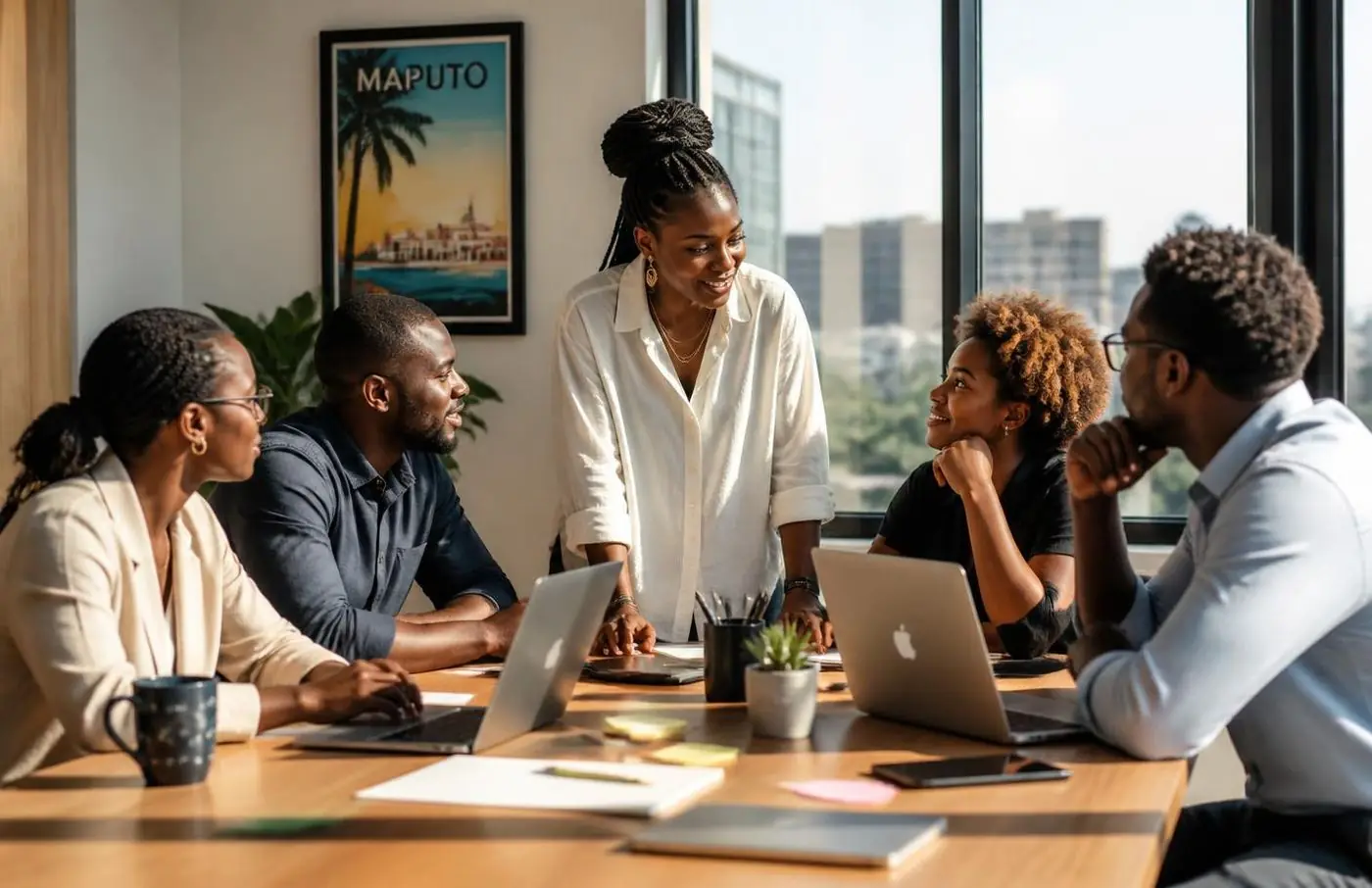Equipa profissional num escritório em Maputo